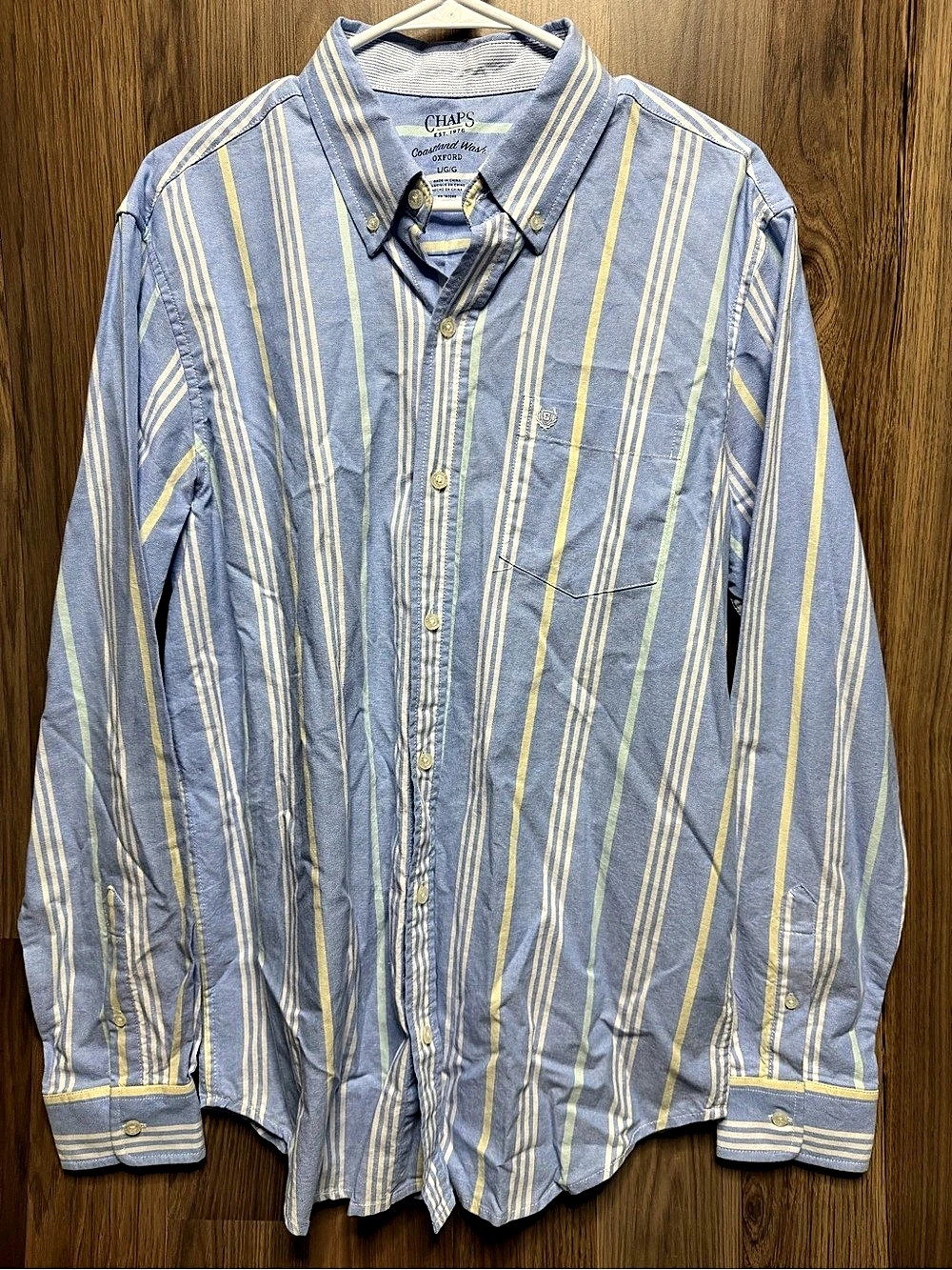 Chaps Coastland Wash Oxford Shirt Men’s L Blue Yellow Stripe 100% Cotton